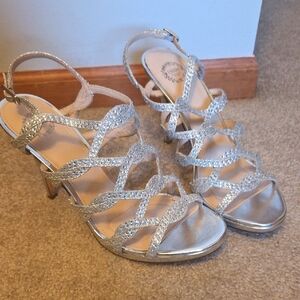 Silver Glitter Strappy High Heel Sandals with Ankle Strap
